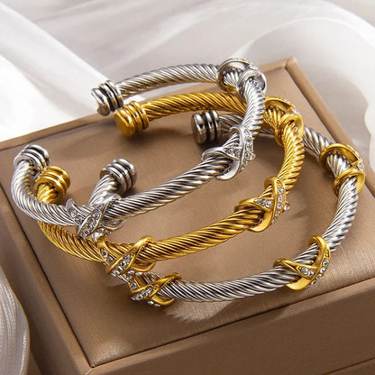 1pcs Stainless Steel 8-shaped Cross Diamond Bracelet Trendy Fashion Versatile Steel Rope Open Bracelet Party Jewelry Gifts