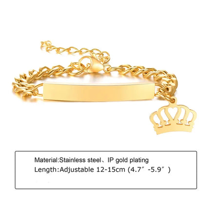 Custom Personalized Name ID Bracelet Gilrs Boy Gifts, Stainless Steel Curb Chain Link Crown Bracelet Not Allergic