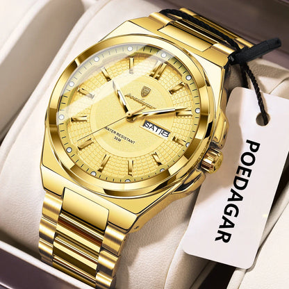POEDAGAR Top Original Men's Watches Stainless Steel Waterproof Luminous Man Watch Date Week Classic Trendy Quartz Men Wristwatch