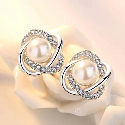 14k Gold Zircon Pearl Twist Stud Earrings | Luxury Women's Jewelry