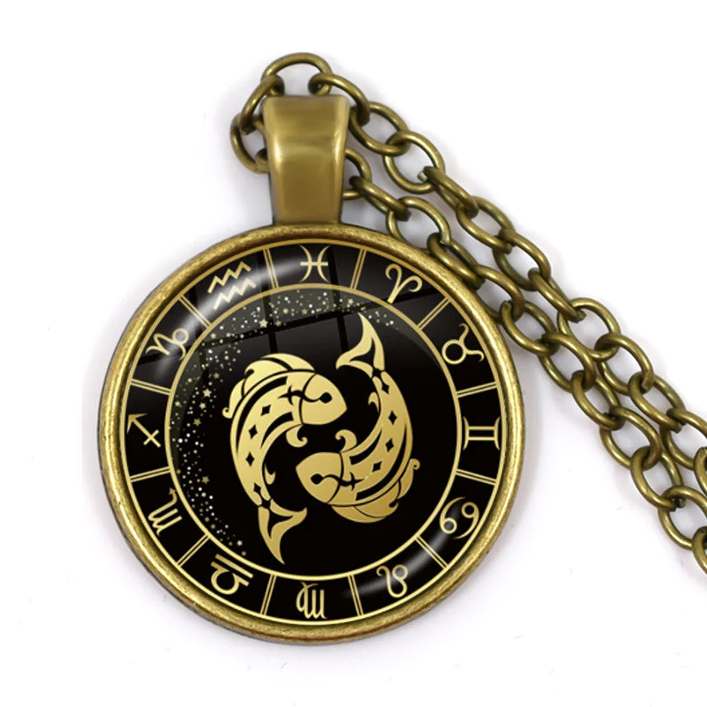12 Constellation Zodiac Pendant Necklace | Antique Bronze Glass Dome Jewelry