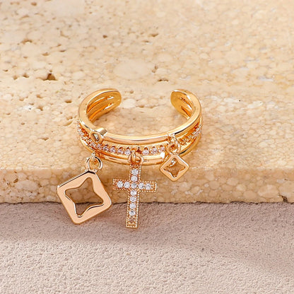 Nwe 18 K Gold Plated Sun Rings for Women Natural Stone Inlaid in Hollow Metal Texture Ring Trendy Jewelry