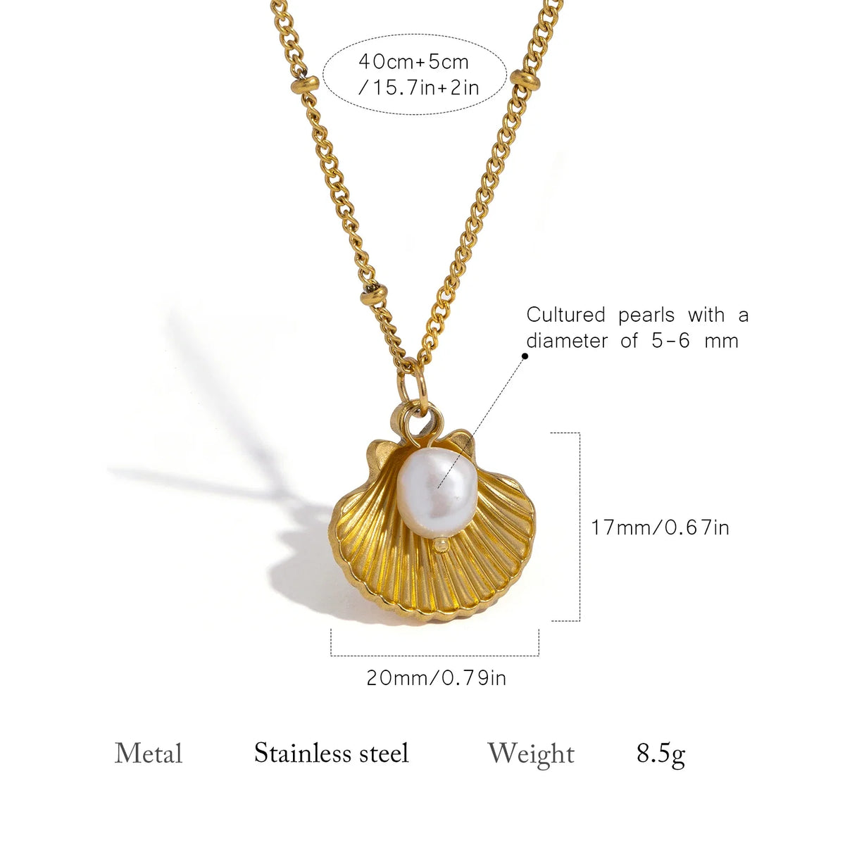 Shell and Pearl Pendant Necklace | 18K Gold Plated Stainless Steel Beach Jewelry