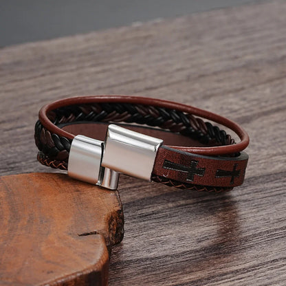 Fashion Cross Leather Rope Bracelet for Men Vintage Woven Leather Bracelet Punk Metal Magnet Buckle Personality Bracelet Jewelry