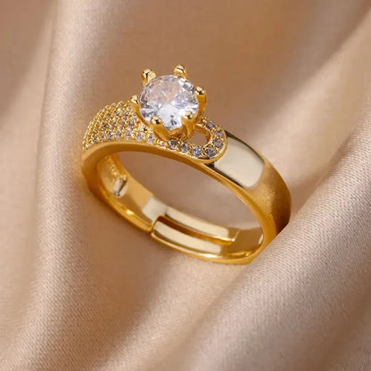 Fashion Zircon Sun Flower Rings For Women Stainless Steel Gold Color Geometric Ring Trendy Wedding Party Aesthetic Jewelry Gifts