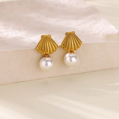 Elegant Imitation Pearl Earrings for Women Stainless Steel Heart Butterfly Shell Drop Earrings Luxury Aesthetic Jewelry Gift