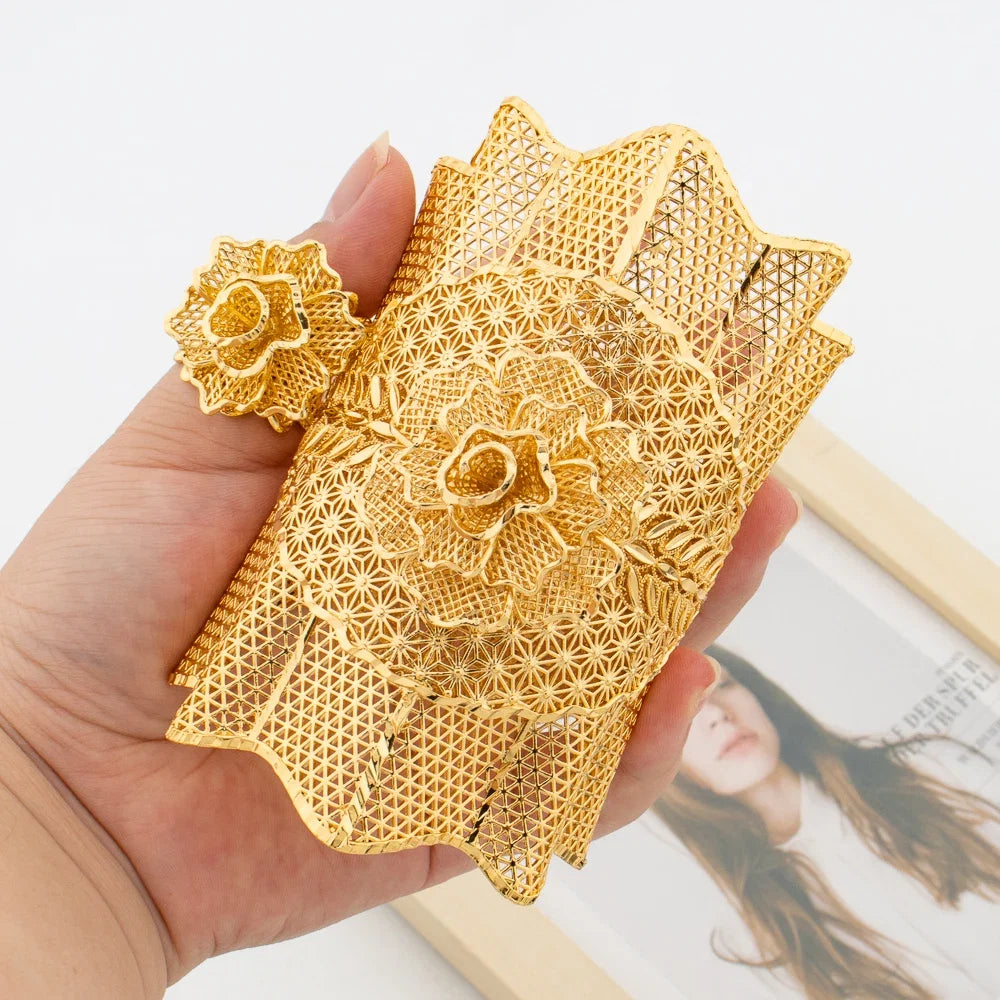 Exaggerate Bracelet with Ring Set for Dubai 18k Gold Plated Design Cuff Bangle and Finger Ring Set for Engagement Party Jewelry
