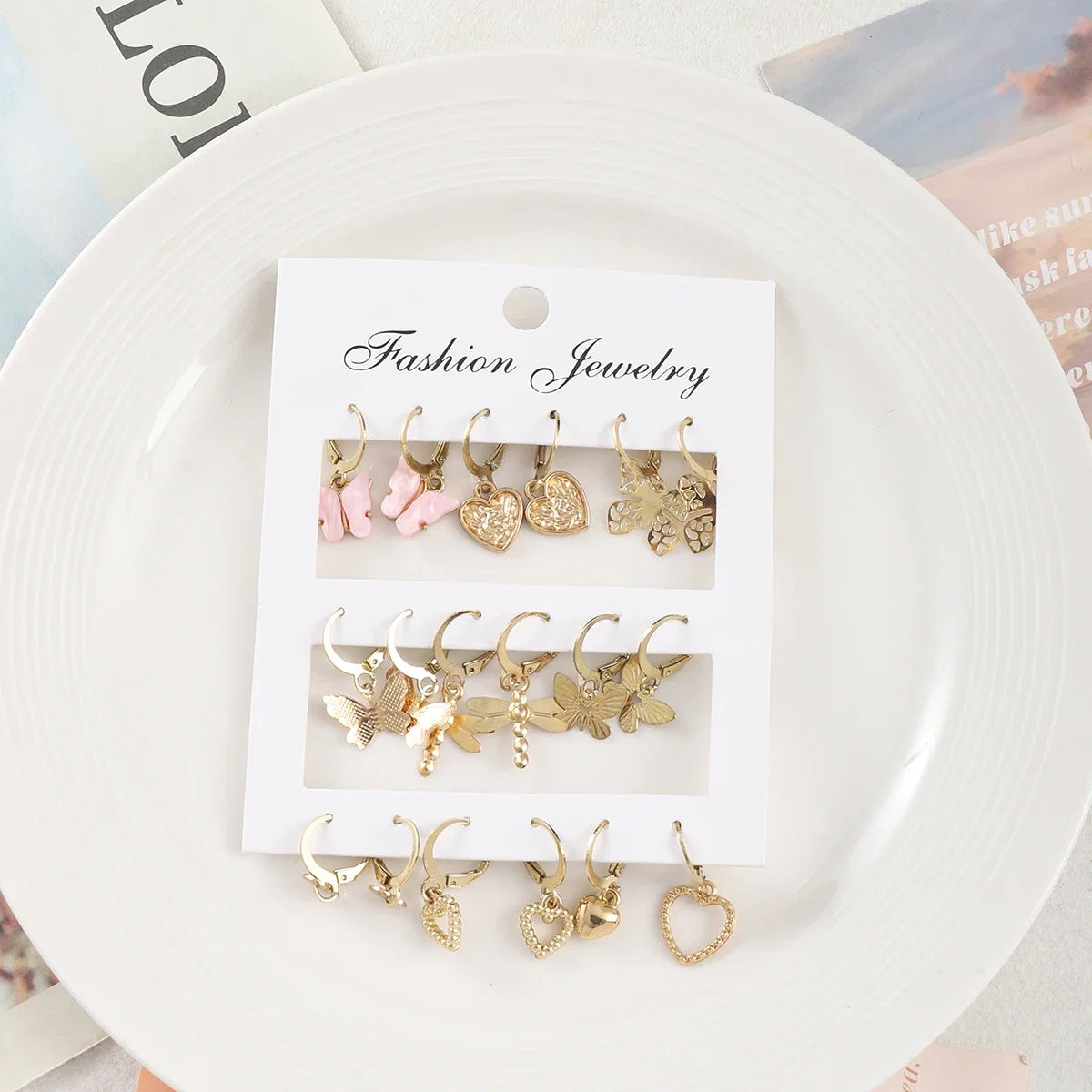 9 Pairs/ Set Exquisite Butterfly Heart Dragonfly Design Dangle Earrings Simple Vacation Style Delicate Holiday Earrings