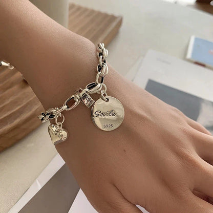 Sterling Silver plated Thai Silver Bracelet for Women Vintage Geometric Heart Love Lucky Punk Jewelry 2023 New Dropship