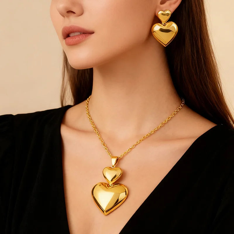 Gold Color Heart Shape Metal Pendant Earrings Sets 24K Gold Plated Simple Fashion Love Collarbone Chain Exquisite Holiday Gifts