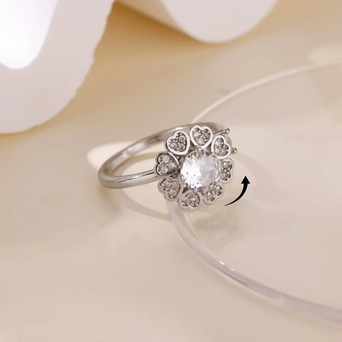 Luxury Zircon Rotable Flower Heart Rings For Women Stainless Steel Gold Color Open Ring 2025 New Fashion Wedding Couple Jewelry