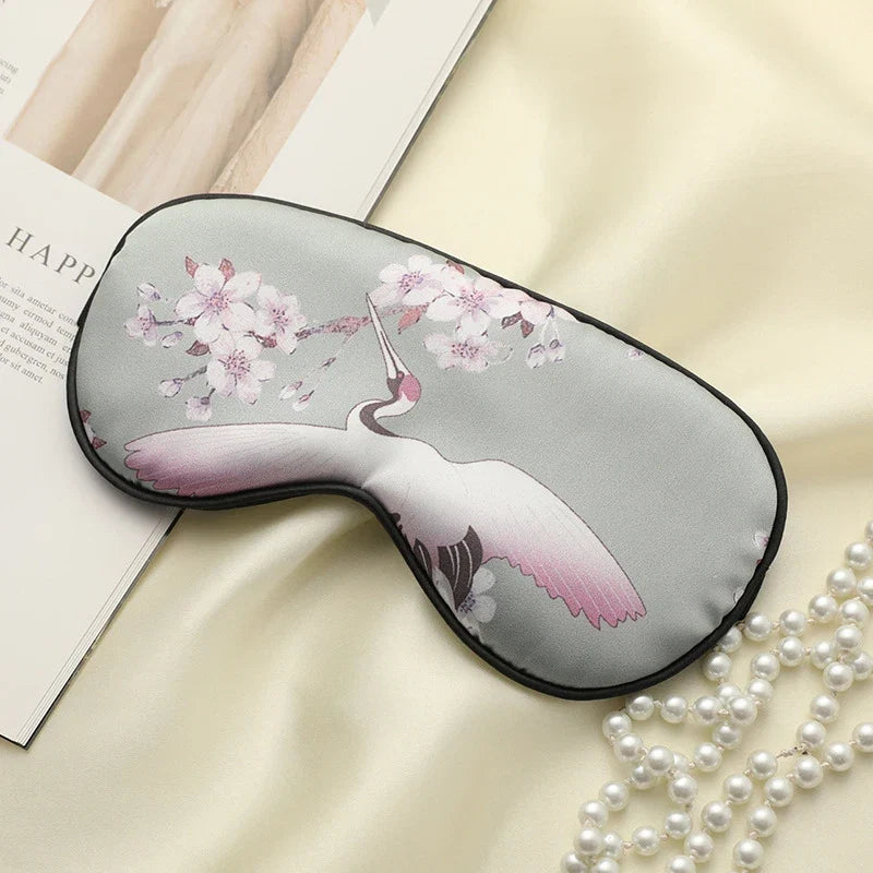 Imitated Silk Sleeping Eye Mask with Crane Print | Adjustable Blindfold for Travel and Relaxation