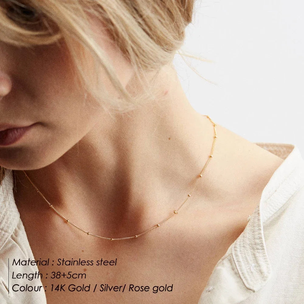 SUNIBI Stainless Steel Chain Necklace for Women Gold Color Thin Choker Bead Chain Necklace Jewelry Wholesale Dropshipping