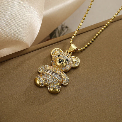 NEWBUY Hot Sale 2 Style Lovely Bear Pendant Necklaces For Women Shiny CZ Zircon Inlay Gold Color Copper Jewelry