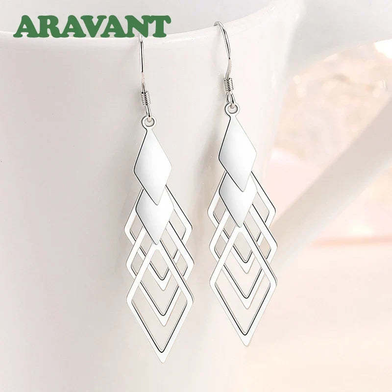 Aravant 925 Silver Hollow Geometric Long Drop Earrings For Women Fashion Jewelry