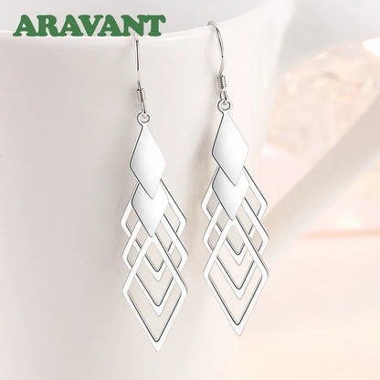 Aravant 925 Silver Hollow Geometric Long Drop Earrings For Women Fashion Jewelry