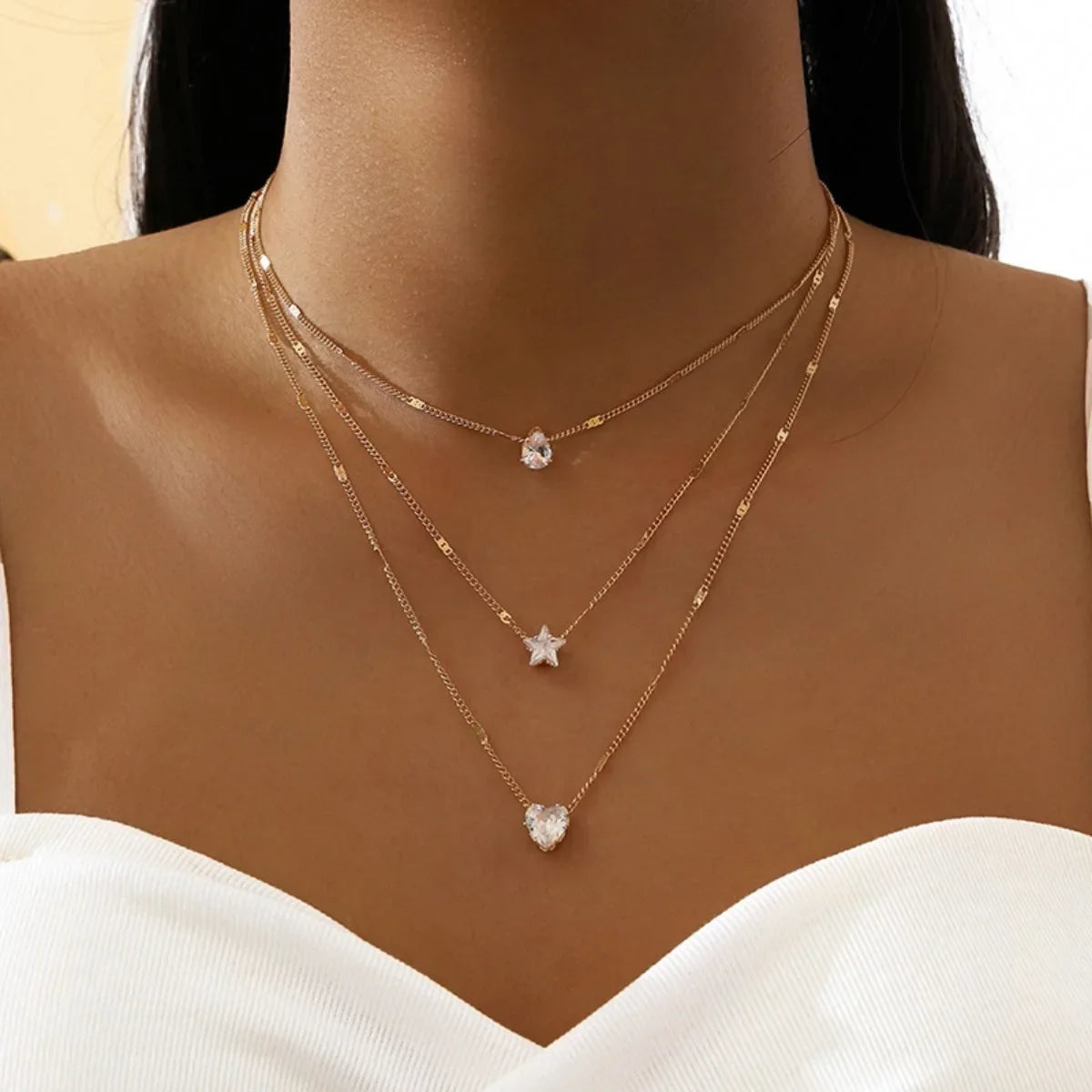 Multi-layer Five-pointed Star Heart Shape Water Drop Pendant Chain Necklace Alloy Material Glass Collarbone Chain Sexy Women New