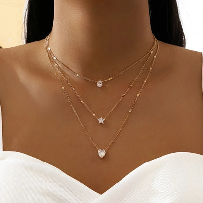 Multi-layer Five-pointed Star Heart Shape Water Drop Pendant Chain Necklace Alloy Material Glass Collarbone Chain Sexy Women New