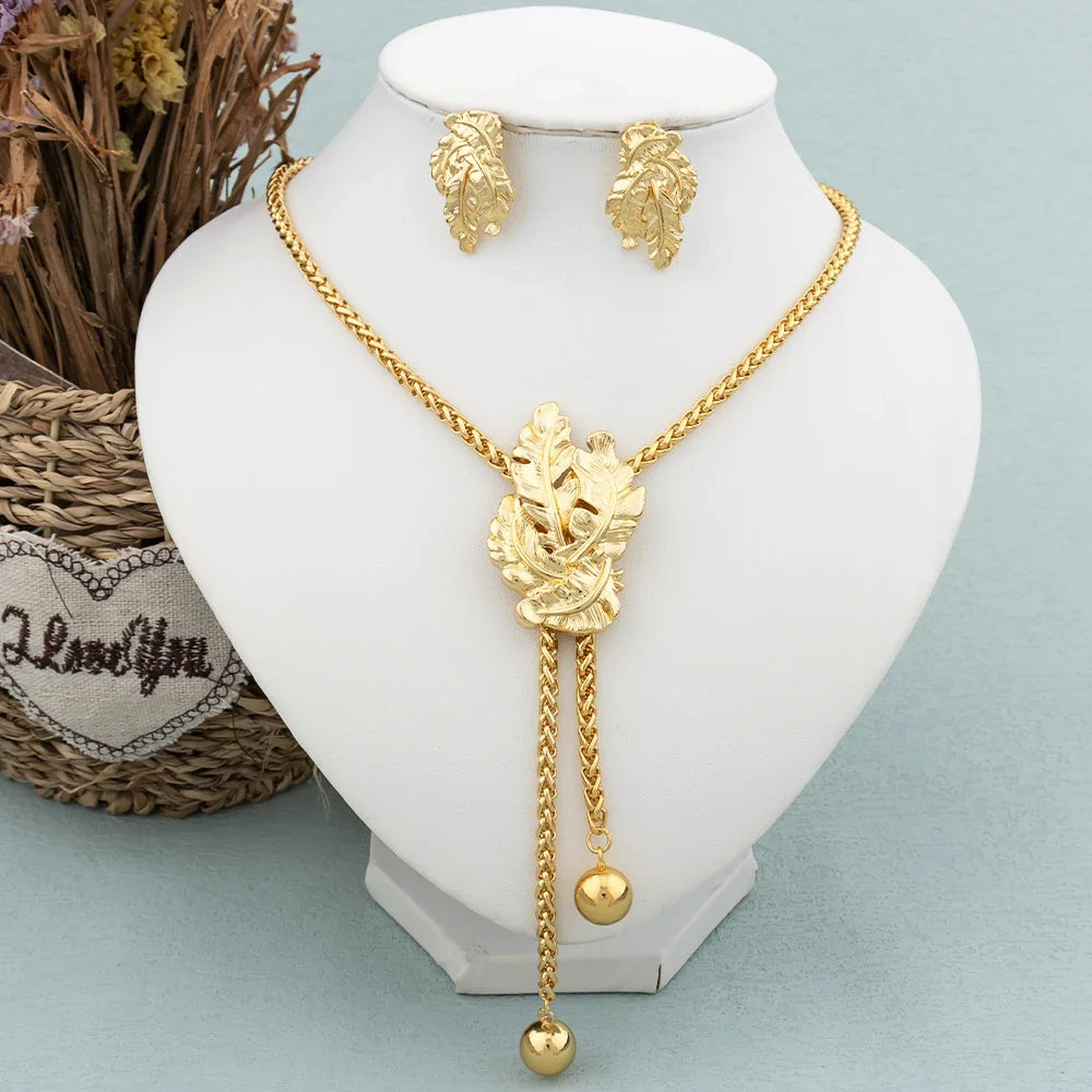 New Fashion Gold Plated Jewelry Set Pendant Dubai Italy Necklace Drop Earrings for Women Adjustable Chain Party Bohemia Jewelry