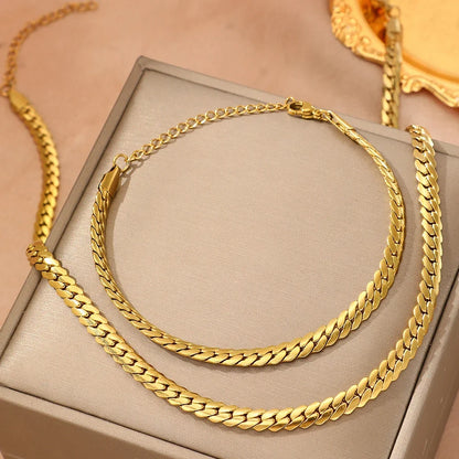 Aomogo Stainless Steel Simple Flat Cuban Chain Bracelet Necklace Jewelry Set 18k Gold Plated Fashion Thick Chain Fashion Jewelry