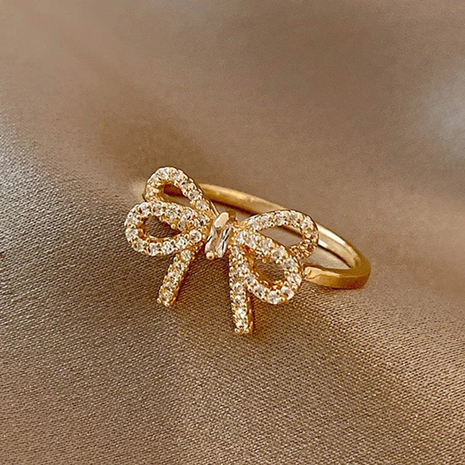 Yupsk Korean Fashion Micropaved Crystal Zirconia Bow Ring for Women Girls Exquisite Ins Trendy Minimalist Finger Rings Jewelry