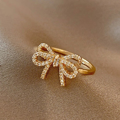 Yupsk Korean Fashion Micropaved Crystal Zirconia Bow Ring for Women Girls Exquisite Ins Trendy Minimalist Finger Rings Jewelry