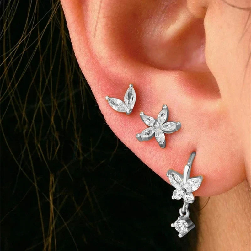 Gold Circle Hoop Earrings Set | Stainless Steel Zircon Flower Stud Jewelry