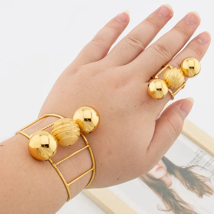 African Gold Color Jewelry Set for Women Beads Design Cuff Bangle and Ring Dubai Weddings Bride Jewelry Set Accessories Gifts