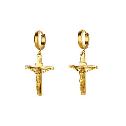 18K Gold Plated Portrait Coin Earrings | Stainless Steel Jesus Cross Dangle Huggie Earrings