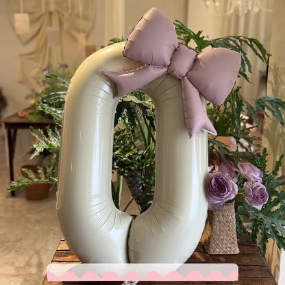 2 Pcs 32 Inch Cream Digital Balloon Set with Pink Bow | Aluminum Foil Party Decor