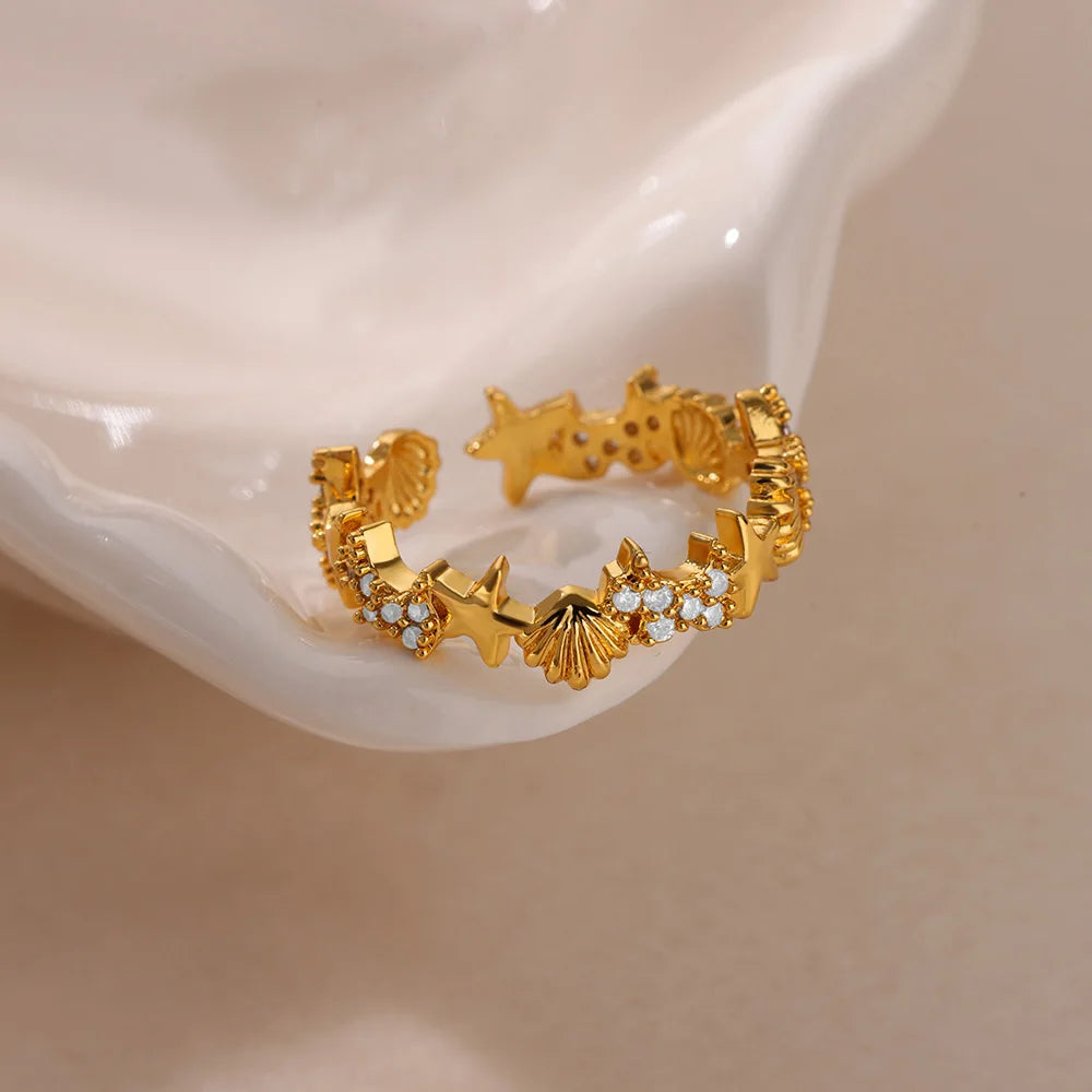 Starfish Shell Stainless Steel Open Rings For Women Fashion Gold Color Finger Ring Trendy Summer Beach Vacation Ocean Jewelry