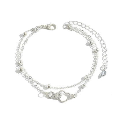 S925 heart-shaped double-layer ankle bracelet, simple and elegant, suitable for daily wear, hypoallergenic