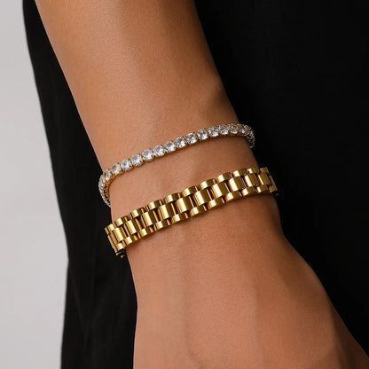 Yupsk 2 Pieces Stainless Steel Zirconia Tennis Bracelet Bangle Set Round Zircon CZ Aesthetic Women Jewelry Set Gift