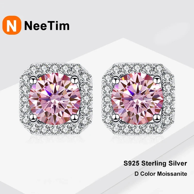 NeeTim 0.5ct 1ct Pink Moissanite Studs Earrings for Women 925 Sterling Silver Black Blue Grey Sparkling Lab Diamond Stud Earring