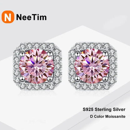 NeeTim 0.5ct 1ct Pink Moissanite Studs Earrings for Women 925 Sterling Silver Black Blue Grey Sparkling Lab Diamond Stud Earring