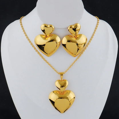 Gold Color Heart Shape Metal Pendant Earrings Sets 24K Gold Plated Simple Fashion Love Collarbone Chain Exquisite Holiday Gifts