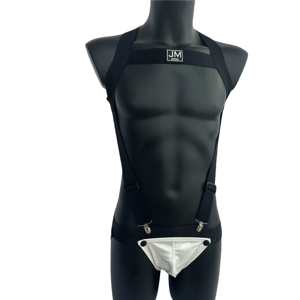 Sets Men Bodysuit Suspender Jumpsuits Nylon Jock Strap Harness Gay Underwear Jockstrap Laser Faux Leather Removable Penis Pouch