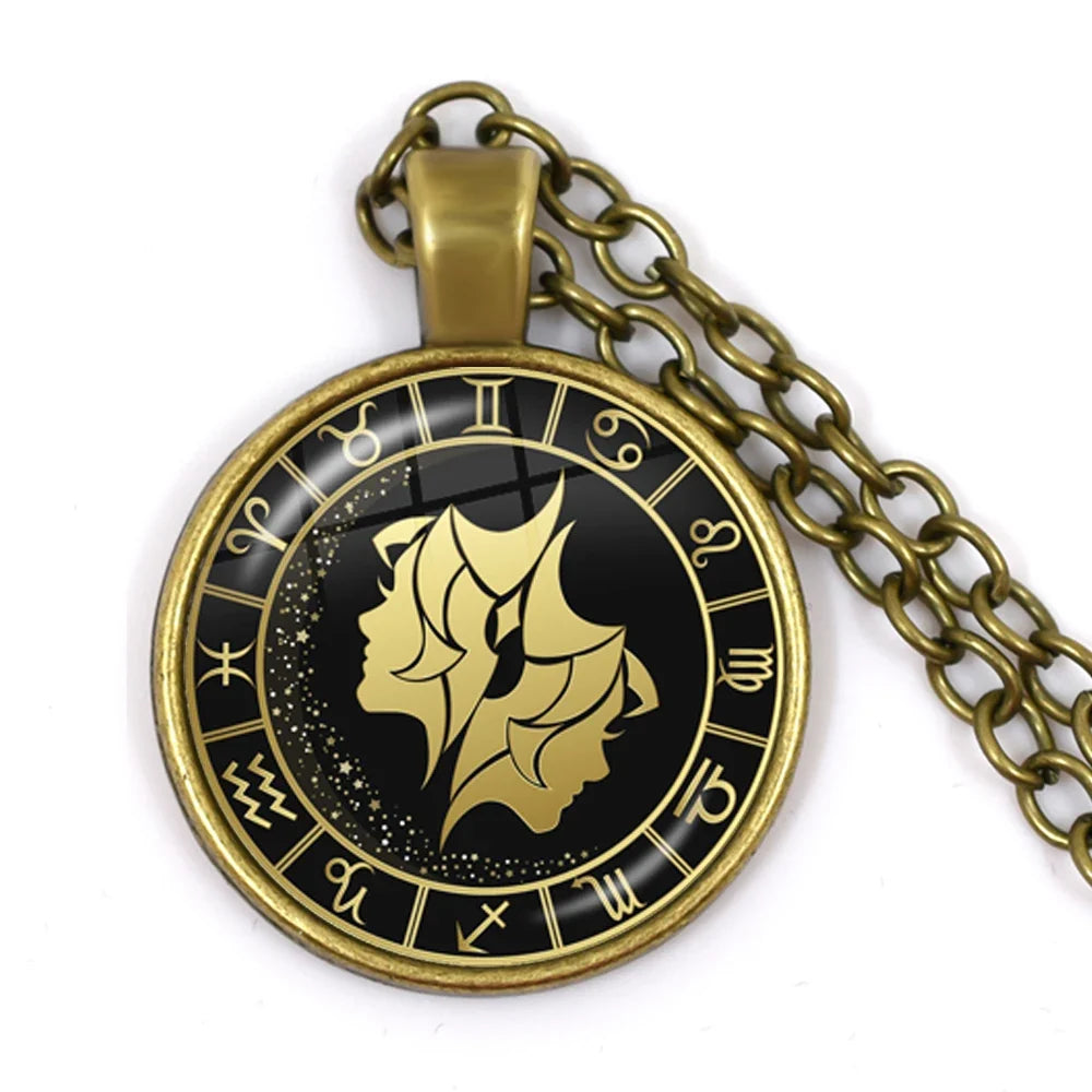 12 Constellation Zodiac Pendant Necklace | Antique Bronze Glass Dome Jewelry