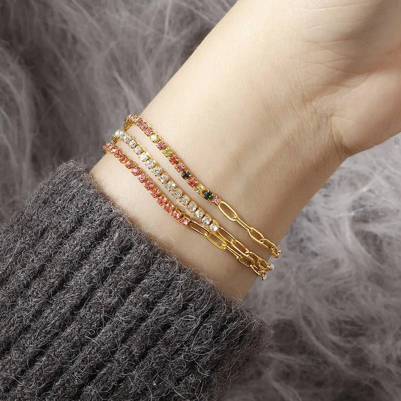 2mm Thin Colorful CZ Stainless Steel Stackable Chain Bracelet for Women Girl