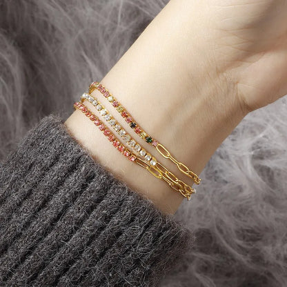 2mm Thin Colorful CZ Stainless Steel Stackable Chain Bracelet for Women Girl