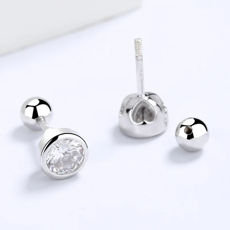 925 sterling silver zircon round bead threaded stud earrings, women's screw twist-off stud earrings, simple and fashion