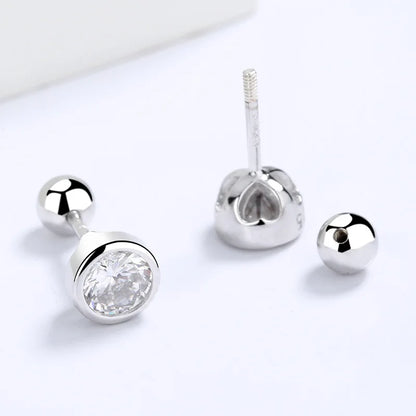 925 sterling silver zircon round bead threaded stud earrings, women's screw twist-off stud earrings, simple and fashion