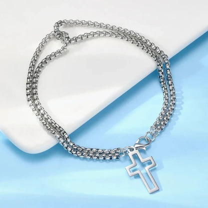1pcs Bracelet Stainless Steel Thick Chain Cross Hollow Cross Pendant Double Bracelet Personality Niche High-grade Hand Jewelry