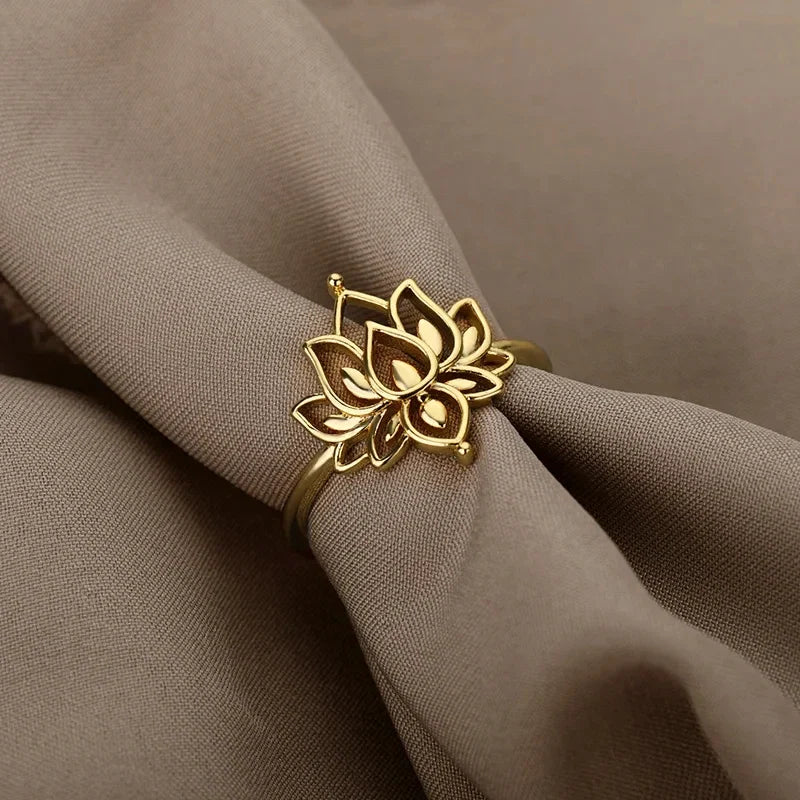 Lotus Flower Rings For Women Stainless Steel Gold Color Hollow Out Ring Fashion Wedding Party Aesthetic Jewelry Gift anillos