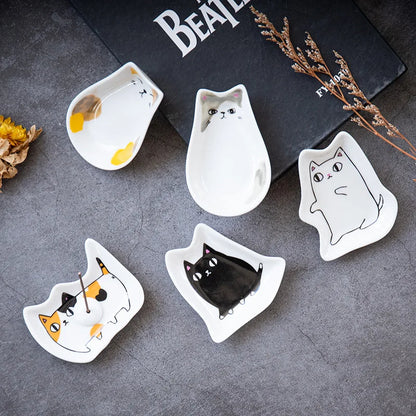 Japanese Ceramic Cat Incense Tray and Sauce Dish | Cute Animal Seasoning Plate for Kitchen