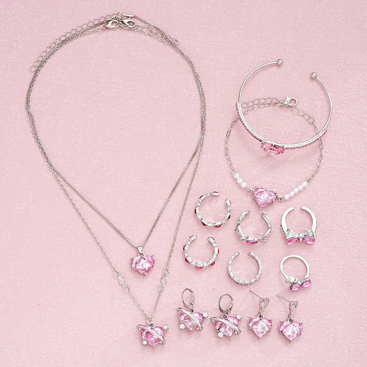 14 PCS Pink Craystal Heart Pendants Necklace Earrings Ring Bracelet Sets For Women Girl Fashion Jewelry Set Wedding Jewelry Gift