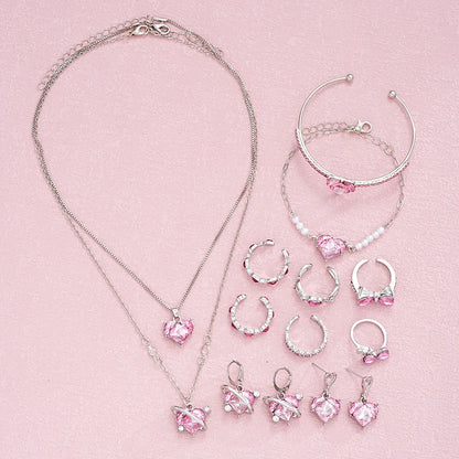 14 PCS Pink Craystal Heart Pendants Necklace Earrings Ring Bracelet Sets For Women Girl Fashion Jewelry Set Wedding Jewelry Gift