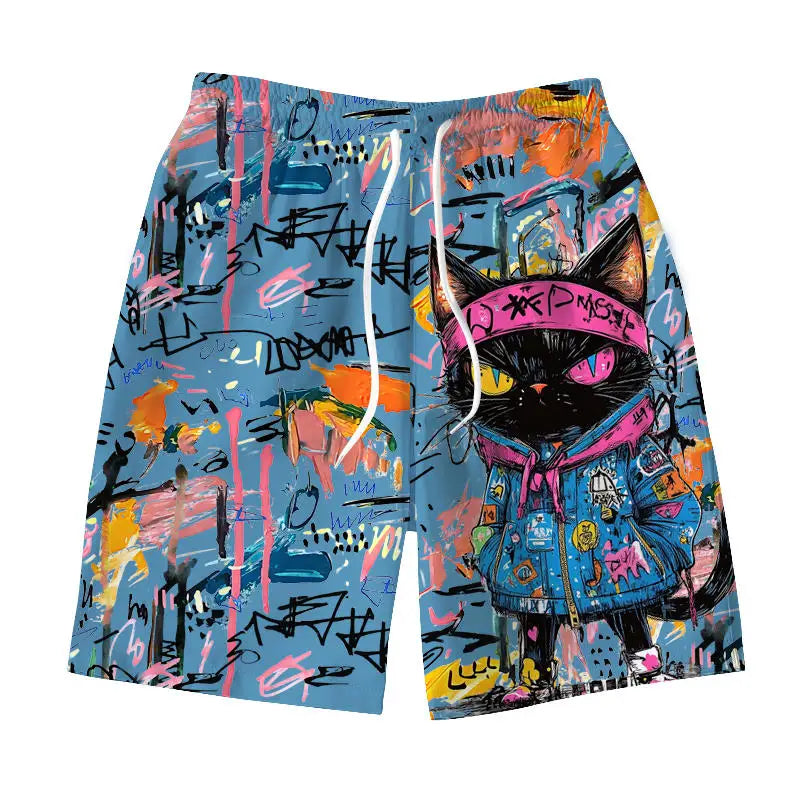 Men's Hawaiian swimming trunks 3D graffiti kitten macaron print shorts quick-drying outdoor leisure sports fashion men's shorts
