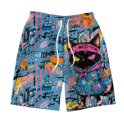 Men's Hawaiian swimming trunks 3D graffiti kitten macaron print shorts quick-drying outdoor leisure sports fashion men's shorts