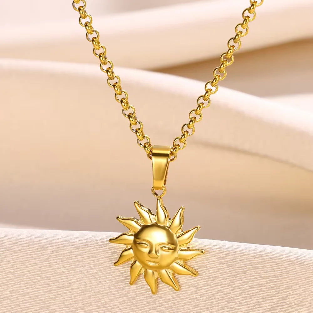 Stainless Steel Sun Sunflower Pendant Necklace For Women Gold Color Round Charm Clavicle Chain Necklaces Fashion Jewelry Gift